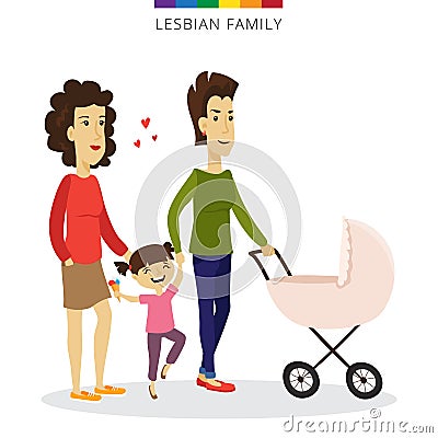 Vector lesbian couple love concept. Family of two women, daughter and baby in the cradle. Vector Illustration