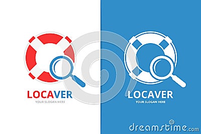 Vector lifebuoy and loupe logo combination. Unique lifeboat and search logotype design template Vector Illustration