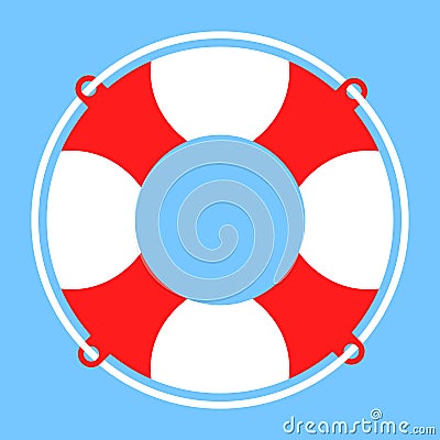 Vector lifebuoy with rope in red and white on blue background, icon - help, rescue or help symbol Vector Illustration