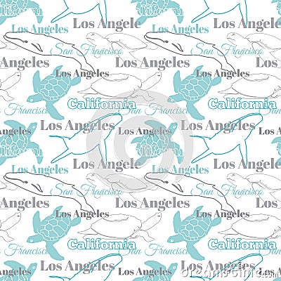 Vector Light California Cities Animals Travel Seamless Pattern with Los Angeles, San Francisco, Turtles, and Whales. Vector Illustration