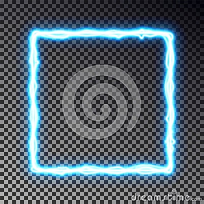Vector light frame banner isolated on dark background. Shine border in lightning style, transparent effect. Light magic rectangle Cartoon Illustration