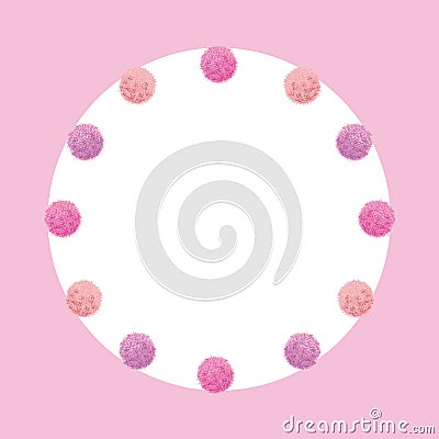 Vector Light Pink Baby Girl Birthday Party Pom Poms Circle Set and Round Frame. Great for handmade cards, invitations Vector Illustration