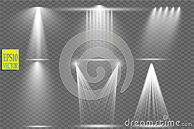 Vector light sources, concert lighting, stage spotlights set. Concert spotlight with beam, illuminated spotlights for Vector Illustration