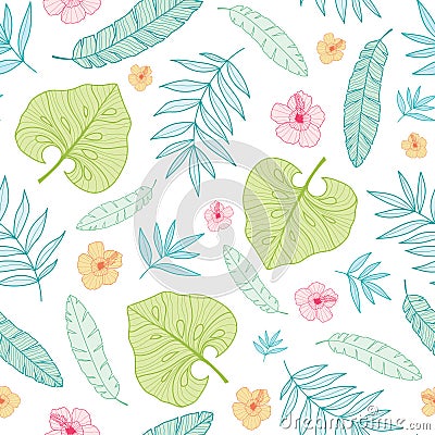 Vector light tropical summer hawaiian seamless pattern with tropical plants, leaves, and hibiscus flowers on white Vector Illustration