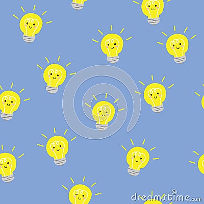 Vector lightbulb lamp cute kawaii seamless pattern background Vector Illustration