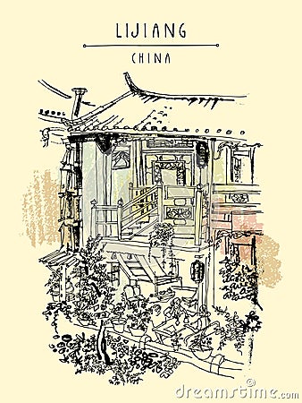 Vector Lijiang, China postcard. Traditional Chinese wooden house in Lijiang, Yunnan, China. Artistic hand drawing. Travel sketch. Stock Photo