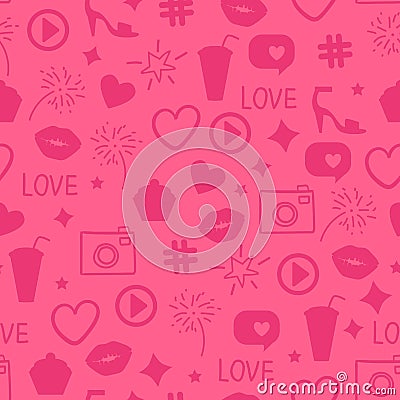 Vector Like girly pattern. Abstract pink icon texture Seamless design surface background. Kiss, like, heart, camera, beauty party. Vector Illustration