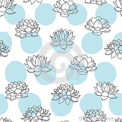 Vector lilies contours with blue circles seamless pattern on white background. Vintage floral design. Vector Illustration