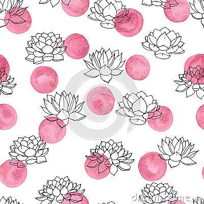 Vector lilies contours with pink watercolor circles seamless pattern on white background. Vintage floral design. Vector Illustration