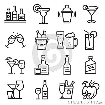 Vector line alcohol icons set on white background Stock Photo