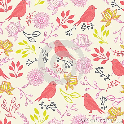 Vector line art birds and flowers seamless pattern Vector Illustration
