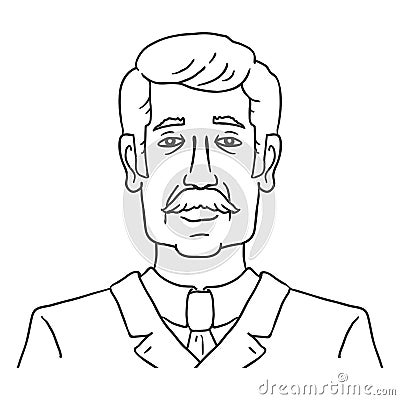 Vector Line Art Business Avatar - Old Moustached Man in Suit Vector Illustration