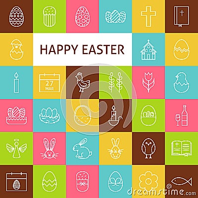 Vector Line Art Happy Easter Icons Set Vector Illustration