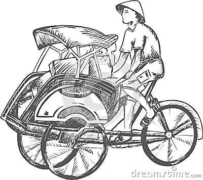 Vector line art illustration style of becak or the pedicab. Indonesian traditional transportation, Vector Illustration