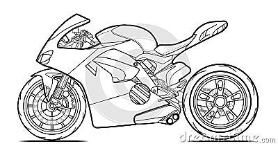 Vector line art motorcycle for concept design. Sport bike black contour sketch illustration isolated on white background Cartoon Illustration