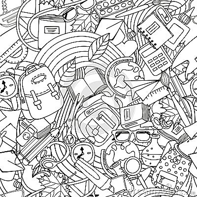 Vector line art school seamless pattern. Monochrome doodle education and school supplies. Vector Illustration