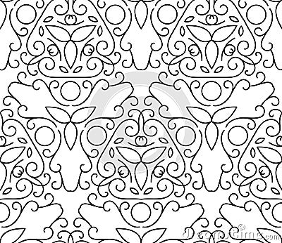 Vector line art style seamless pattern. Abstract floral decorative background in black and white color Vector Illustration