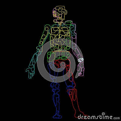 Vector line cartoon robots dancing the robot clock Vector Illustration