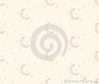 Vector Line Cosmic Seamless Pattern, Moon, Stars Vector Illustration