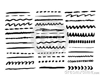 Vector line grunge sketch border set. Hand Drawn Brush pen stroke, pencil devider, black element Vector Illustration