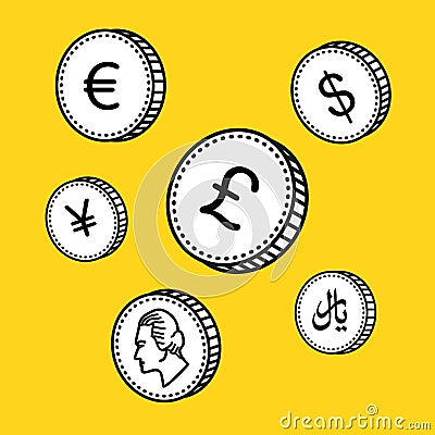 Vector line hand drawn coins. Black and white money. Sketch style, on white background. World currency. Vector Illustration
