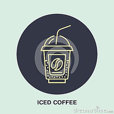 Vector line icon of iced coffee cocktail in disposable cup. Cold drink linear logo. Outline symbol for cafe, bar, shop Vector Illustration