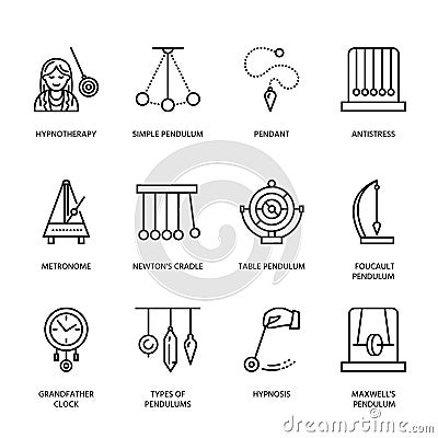 Vector line icon of pendulum types. Newton cradle, metronome, table pendulum, perpetuum mobile, gyroscope. Linear Vector Illustration