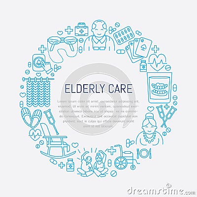 Vector line icon of senior and elderly care. Medical poster template with illustration of old people, wheelchair, leisure, hospit Vector Illustration