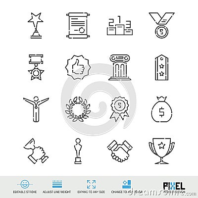 Vector Line Icon Set. Awards Related Linear Icons. Success, Achievment Symbols, Pictograms, Signs Vector Illustration