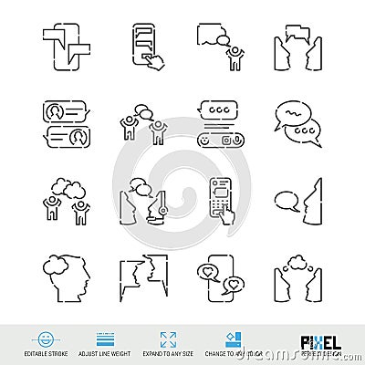 Vector Line Icon Set. Communication Related Linear Icons. Dialogue, Chat Symbols, Pictograms, Signs Stock Photo