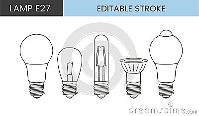 Vector line icon set depicting lamps with E27 base. Vector Illustration