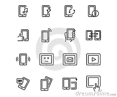 Vector line icon set mobile devices. Technology outline symbol and communication sign with phone electronic. Isolated smart screen Vector Illustration