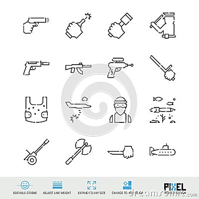 Vector line icon set. Weapons related linear icons. Army and police symbols, pictograms, signs Vector Illustration