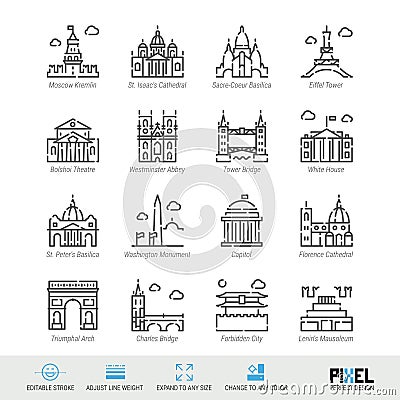 Vector Line Icon Set. World Sights Related Linear Icons. Old Landmarks Symbols, Pictograms, Signs Vector Illustration