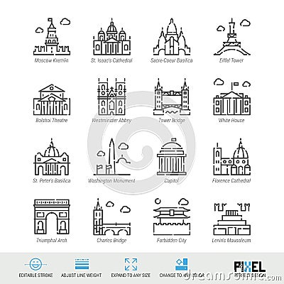 Vector Line Icon Set. World Sights Related Linear Icons. Old Landmarks Symbols, Pictograms, Signs Stock Photo