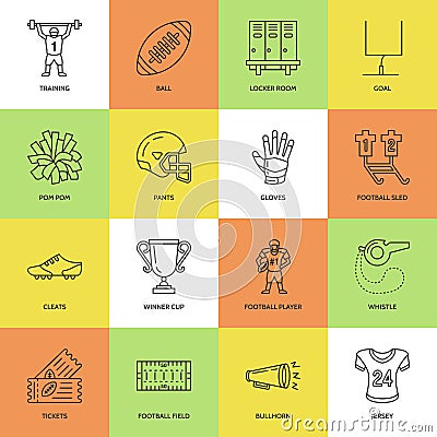 Vector line icons of american football game. Elements - ball, field, player, helmet, bullhorn. Linear signs set Vector Illustration