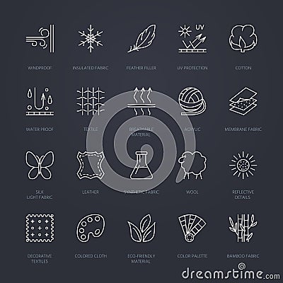 Vector line icons of fabric feature, garments property symbols. Elements - cotton, wool, waterproof, uv protection. Linear wear la Vector Illustration