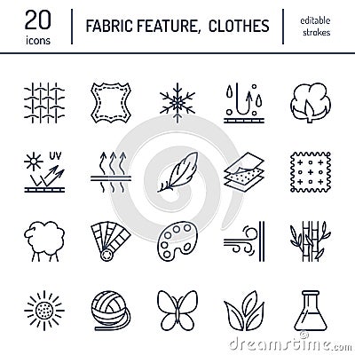 Vector line icons of fabric feature, garments property symbols. Elements - cotton, wool, waterproof, uv protection. Vector Illustration