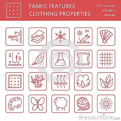 Vector line icons of fabric feature, garments property symbols. Elements - cotton, wool, waterproof, uv protection. Vector Illustration