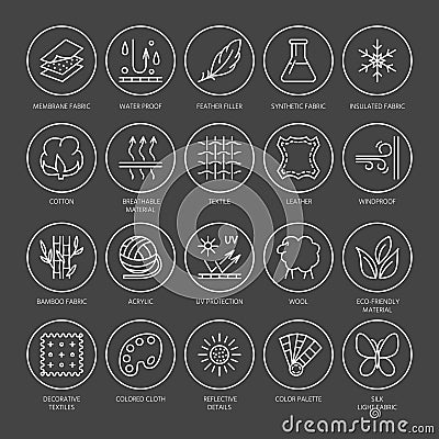 Vector line icons of fabric feature, garments property symbols. Elements - cotton, wool, waterproof, uv protection. Linear wear Vector Illustration