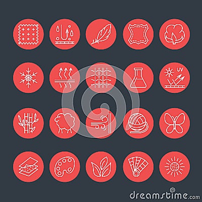 Vector line icons of fabric feature, garments property symbols. Elements - cotton, wool, waterproof, uv protection. Wear labels Vector Illustration