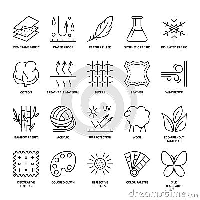 Vector line icons of fabric feature, garments property symbols. Elements - cotton, wool, waterproof, uv protection. Wear labels Vector Illustration