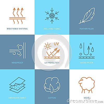 Vector line icons of fabric feature, garments property symbols. Elements - wind proof, wool, waterproof, uv protection. Linear Vector Illustration