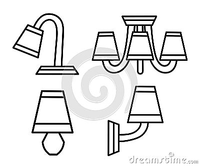 Vector line icons with various modern chandeliers. Simple design pictograms. Stock Photo