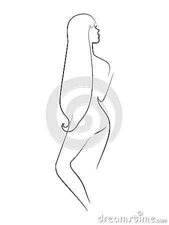 Vector line illustration of silhouette of slender girl with long hair Cartoon Illustration