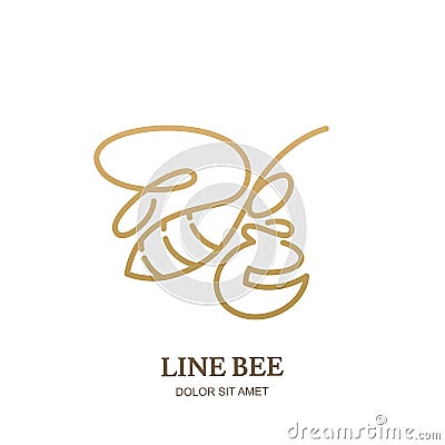 Vector logo icon or emblem with golden honeybee and honey pot. Abstract design template. Outline bee illustration. Vector Illustration