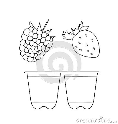 Vector line yoghurt pack icon with fruit and berry. Hand drawn organic fresh dairy product isolated on white background. Natural Vector Illustration