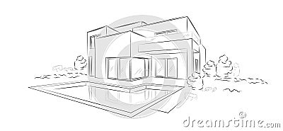 Vector Linear architectural sketch modern detached house Vector Illustration