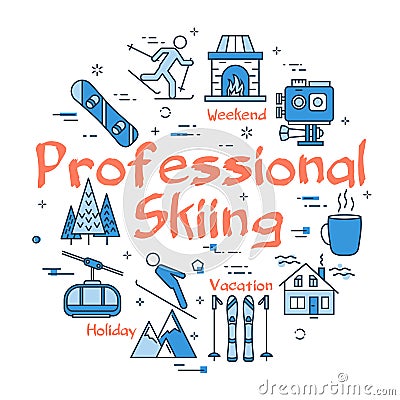 Vector linear blue concept of professional skiing Vector Illustration
