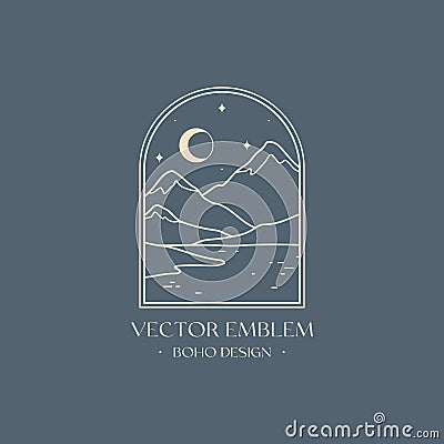 Vector linear boho emblem with snowcapped mountain landscape Vector Illustration